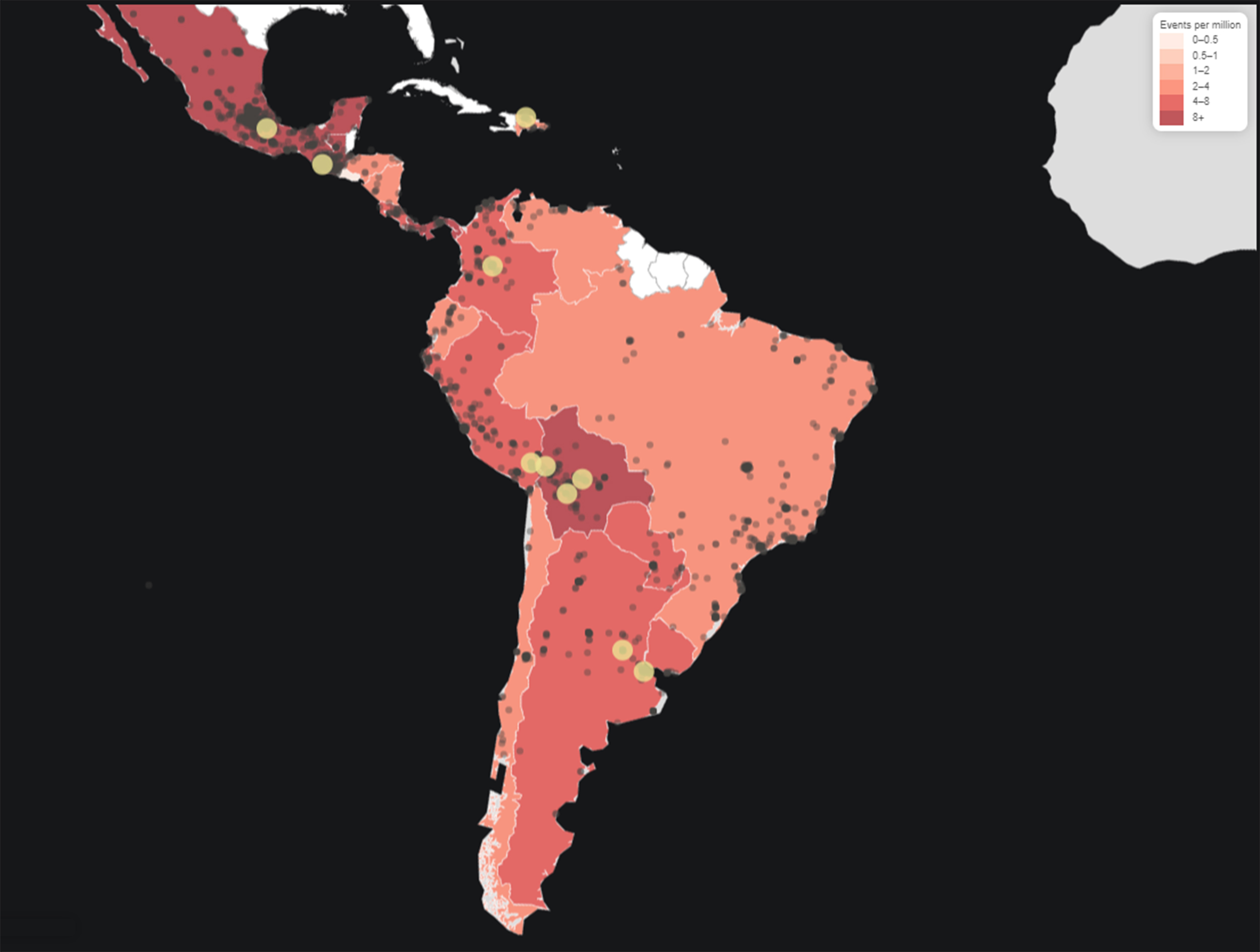 Vergrösserte Ansicht: Karte zeigt Südamerikanische Staaten, welche mehr oder weniger rot eingefärbt sind. 