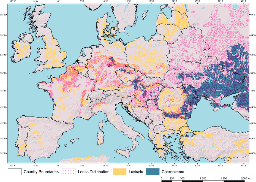 Vergrösserte Ansicht: Karte auf welcher die Vorkommen der Schwarzerden in Europa eingezeichnet sind.