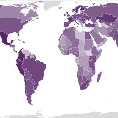 Mappa del mondo con gli Stati membri dell'ONU; la colorazione degli Stati varia in base alla disponibilità dei dati.