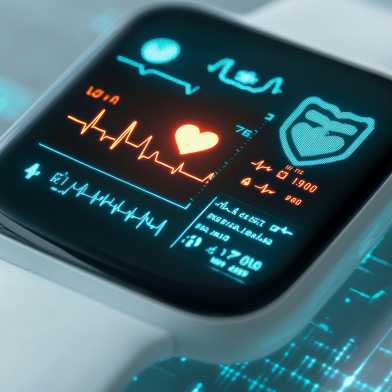 Eine Smartwatch, welche den Puls und verschiedene Gesundheitsstatistiken anzeigt.