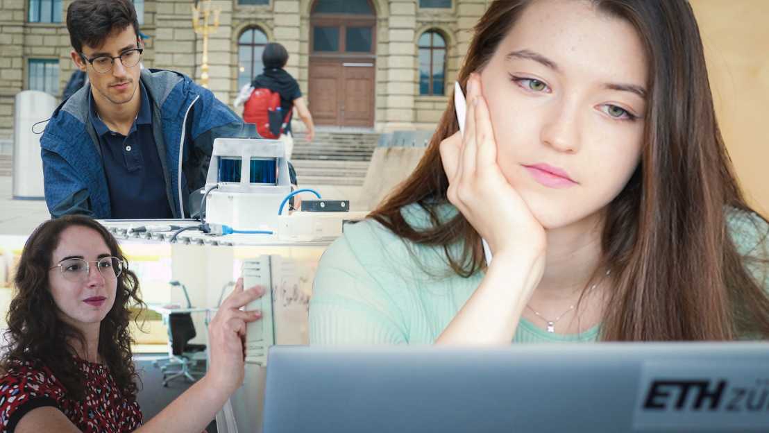 Mehrere Bilder von ETH Studierenden am Laptop, vor dem ETH Hauptgebäude oder an der Tafel.