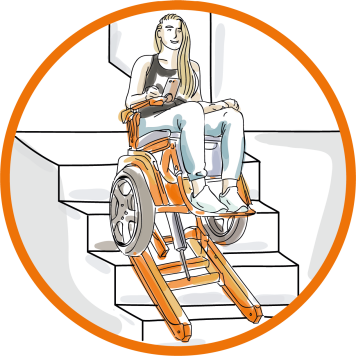 Person sitzt in einem Rollstuhl, der die Treppe hochfährt