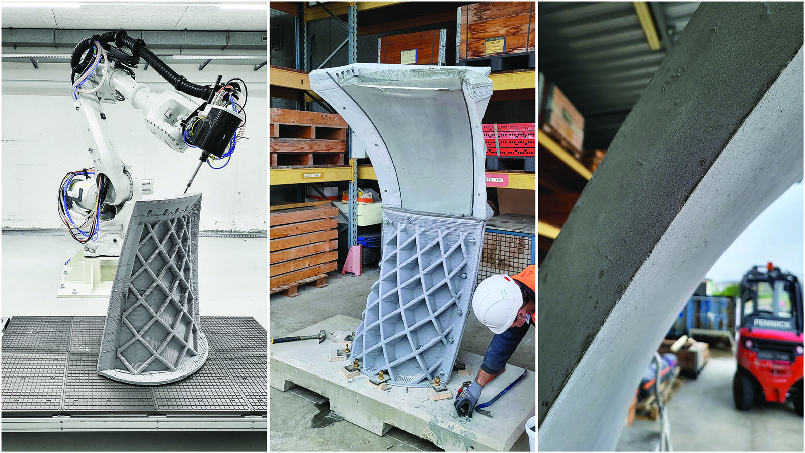 Drei Bilder: Roboterarm in Aktion - Betonsäule gebogen in der Form - Fertiger, gebogener Betonpfeiler