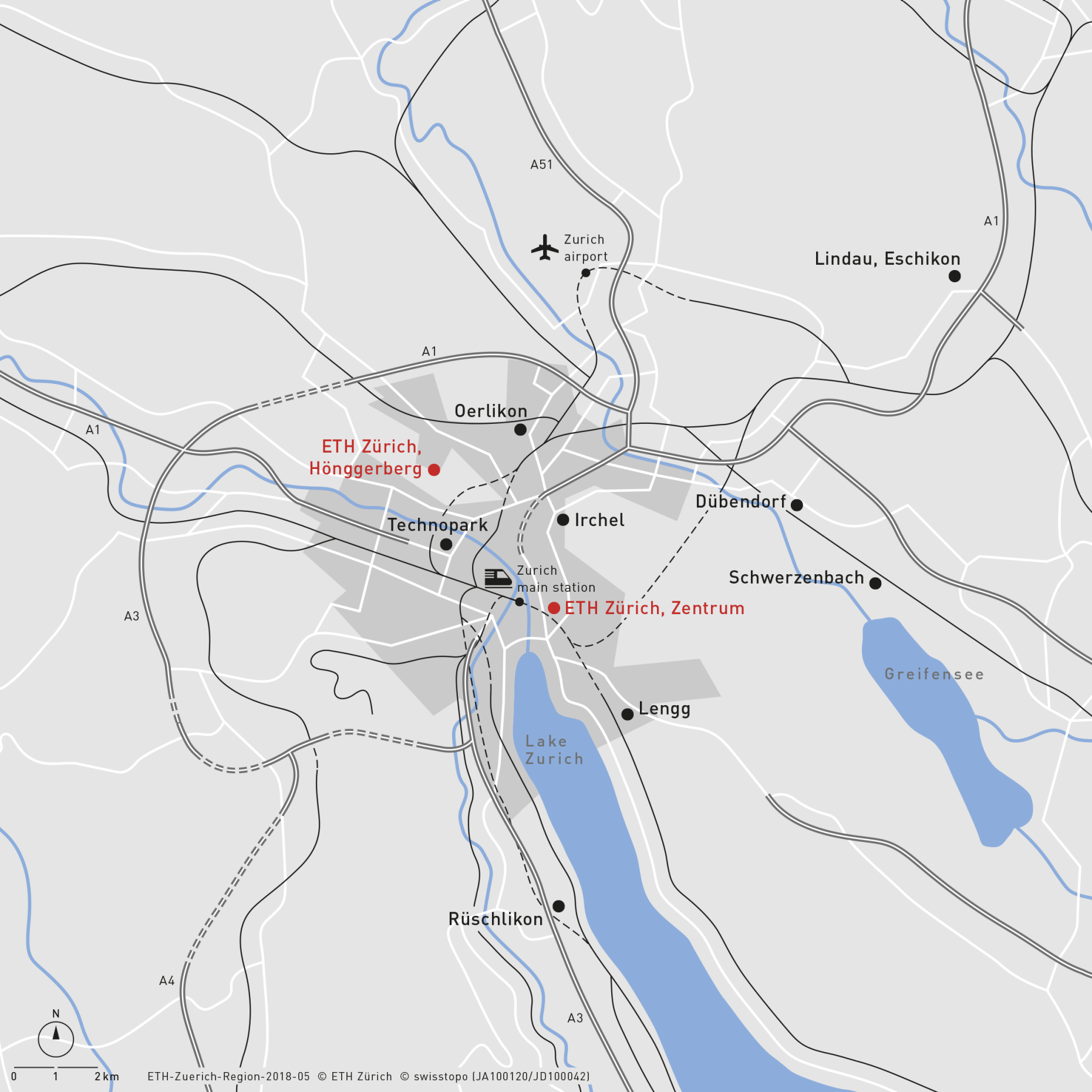 Enlarged view: ETH Zurich is based chiefly in Zurich, where it operates one campus in the Hönggerberg district and another in the city centre. The main site is complemented by strategically selected “external sites”. (Map: ETH Zurich)
