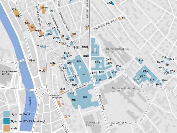 ETH Zurich’s real estate in the city centre: Most of these are federal property. Others are rented. (Visualisation: ETH Zurich)