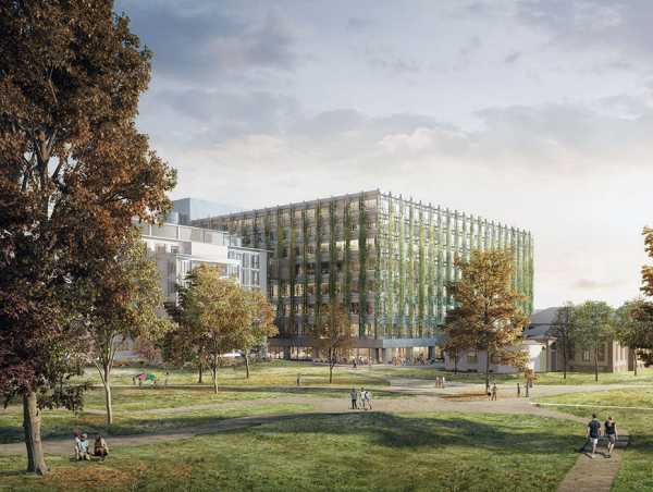 The two buildings of Christ & Gantenbein's University Hospital will in future form an ensemble with the Gloriapark. (Visualisation: Christ & Gantenbein / Atelier Brunecky)