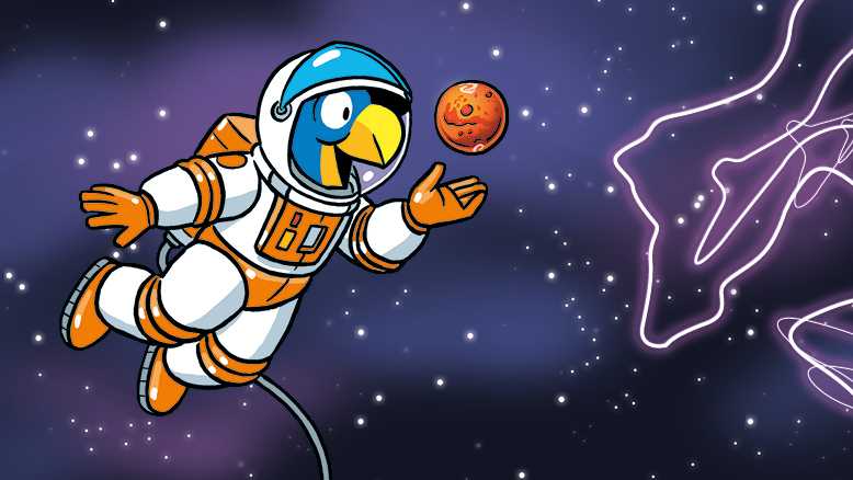 Illustration of Globi as an astronaut in space