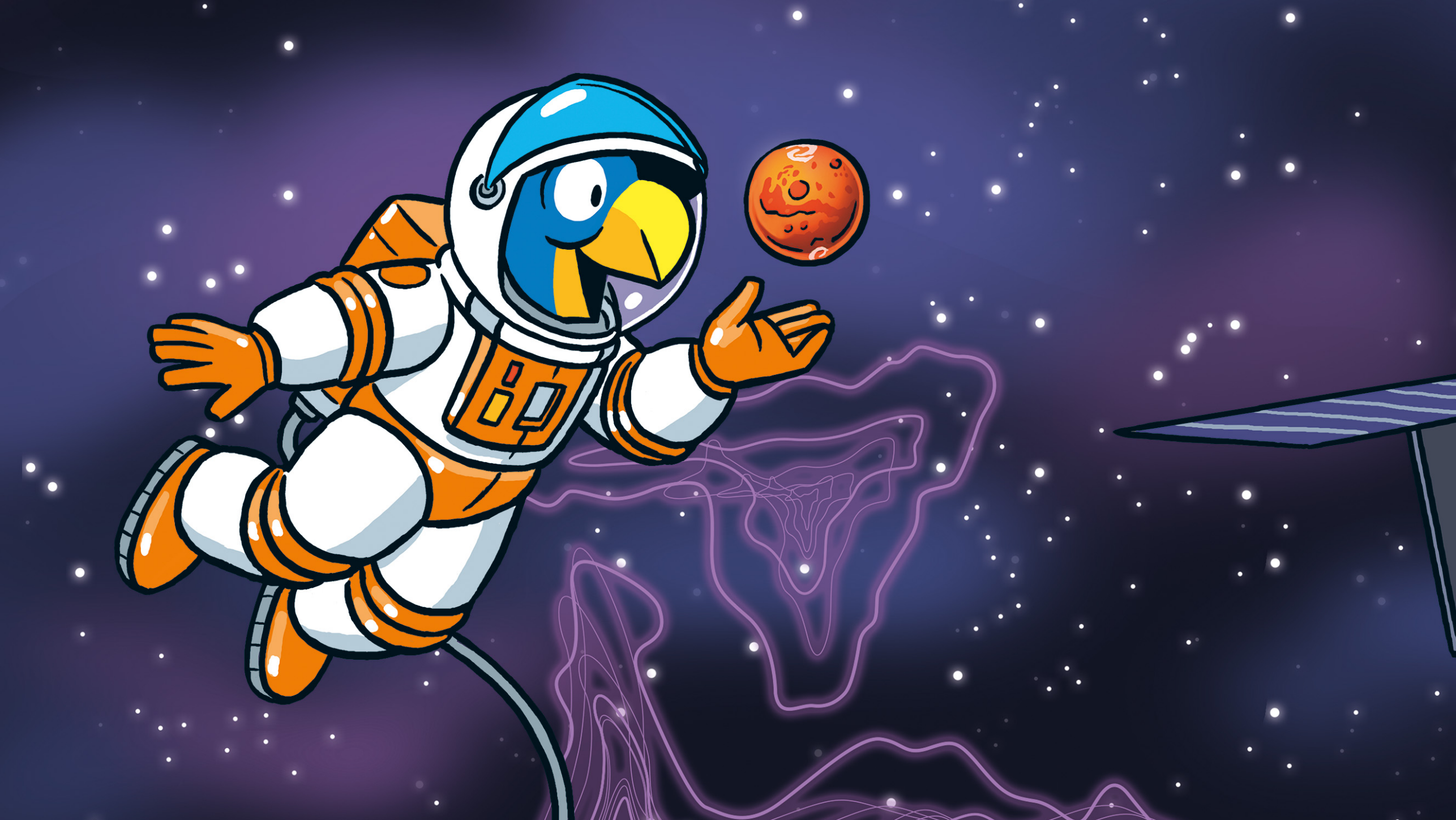 Illustration of Globi as an astronaut in space