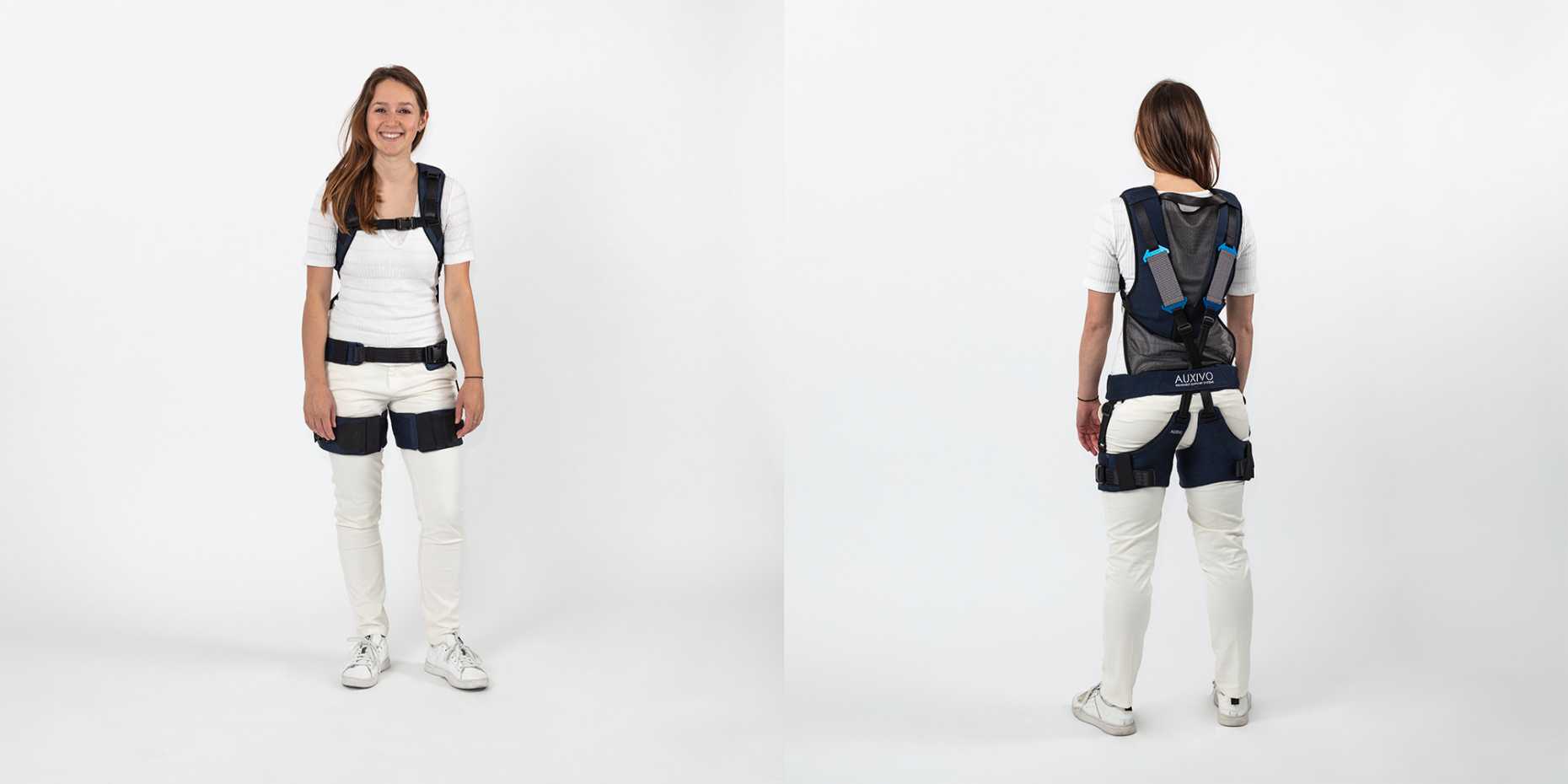 Woman wearing exoskelett - view from front and back