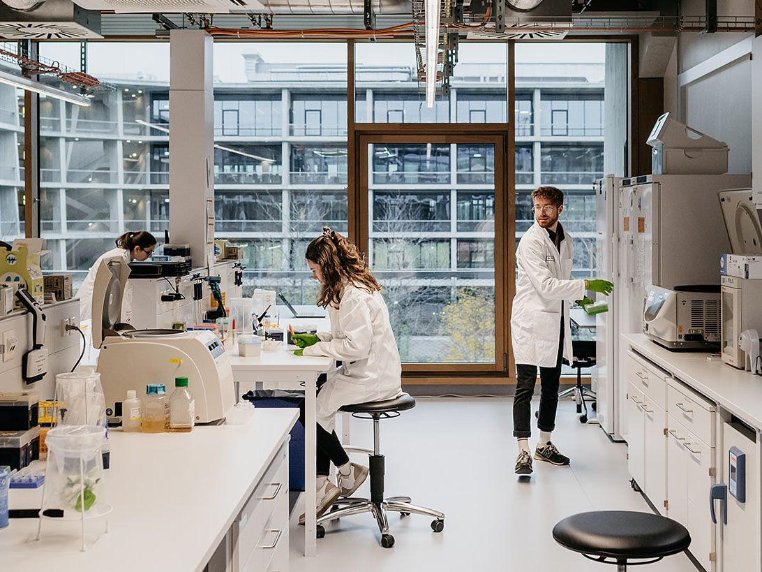 Bild des Labors mit 3 Personen, die arbeiten