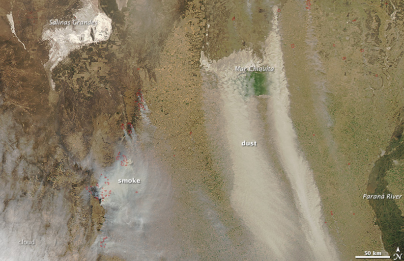 Enlarged view: Dust and Smoke in a satellite image