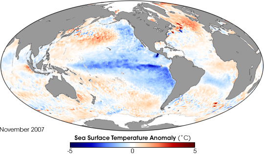 Enlarged view: Die Anomalien der Oberflächentemperatur des Meerwassers zeigen ein La-Niña-Ereignis im November 2007 (Bildmitte): Relative Abkühlungen sind in blau, Erwärmungen in rot dargestellt. (Grafik: NASA Earth Observatory)