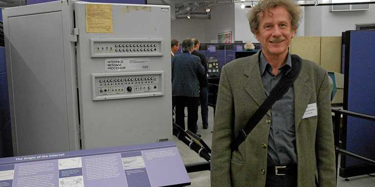 Enlarged view: 2.	Internet pioneer Bernhard Plattner with an interface message processor (IMP). IMPs were the routers of the ARPANET, a precursor to internet. This picture was taken in 2004 at the Computer History Museum in Mountain View, CA. Photo: Bernhard Plattner