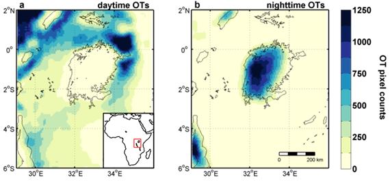 Day-and-night rhythm of the weather above and around Lake Victoria
