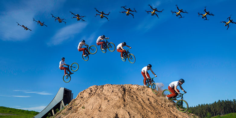 Drone flying over biker