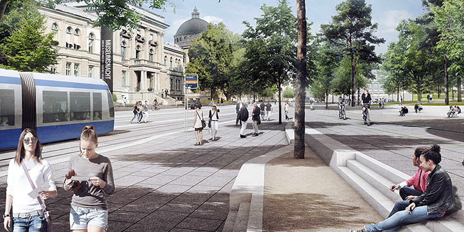 This is how the university district might one day appear: traffic solutions open the area up and shape the urban space. (Architectural visualisation: AGRE Studio Vulkan &amp; KCAP Architects &amp; Planners / © Werk 3)