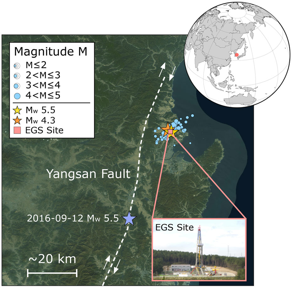 Enlarged view: Yangsan fault and location of the geothermal project near Pohang, South Korea.