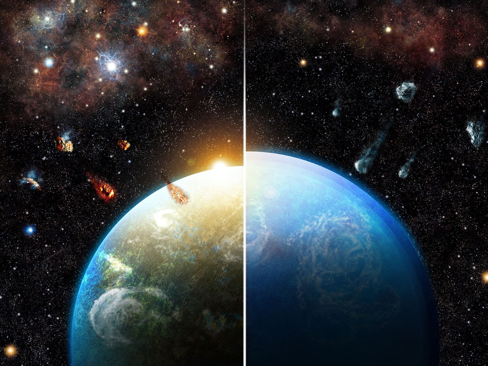 Enlarged view: Planetary systems born in dense and massive star-forming regions inherit substantial amounts of Aluminium-26, which dries out their building blocks before accretion (left). Planets formed in low-mass star-forming regions accrete many water-rich bodies and emerge as ocean worlds (right). ( Credit: Thibaut Roger)