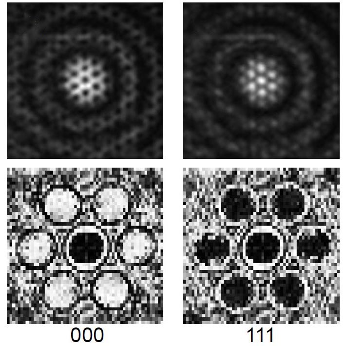 Enlarged view: Interference pattern (top) and calculated correlations (bottom) in the experiment with three simulated optical fibres. The data bits “000” and “111” are derived from the negative and positive correlations in the noise of the light waves, visible as light and dark spots. (Photographs: S.Divitt et al./ETH Zurich)