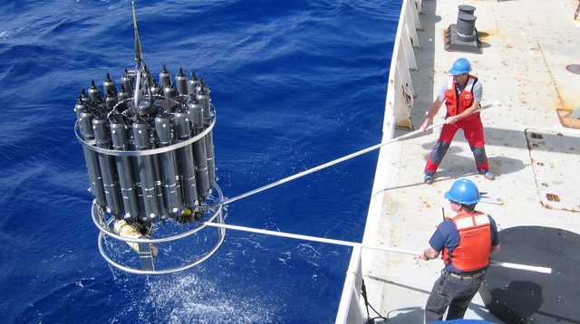 Rosette with sampling bottles for collecting water needed to determine the concentration of CO2 in the ocean. 
