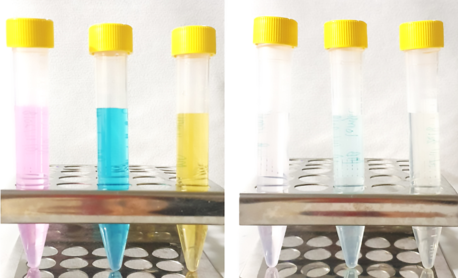 Based on the example of various organic pigments, such as those used in the textile industry, the researchers are able to demonstrate the effectiveness of their approach. Picture left before treatment, right after treatment. (Photographs: ETH Zurich / Fajer Mushtaq)