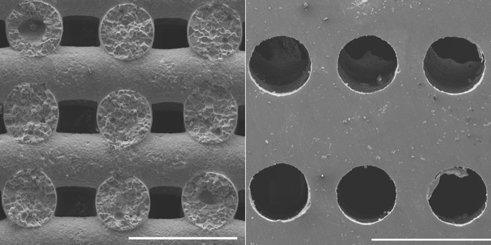 3D-printed salt template (left, scale: 1 mm), into which in a further step magnesium melt is infiltrated. After leaching of the salt, magnesium with regularly arranged pores remains (r.). (Images: Laboratory of Metal Physics and Technology / Complex Materials / ETH Zurich)