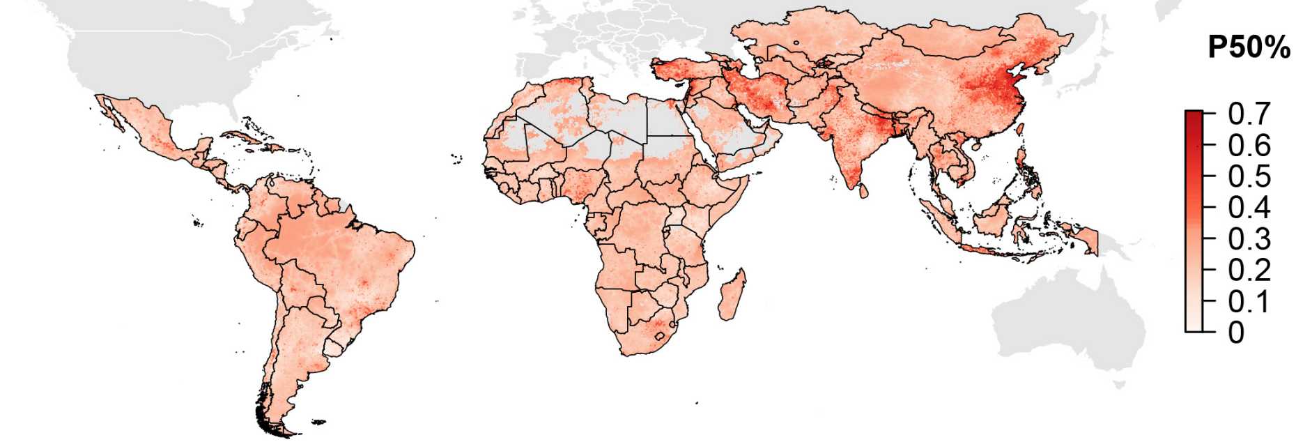 Geographic distribution of antimicrobial resistance in LMIC. P50 is indicating the proportion of antimicrobial compounds with resistance higher than 50%. (Source: Van Boeckel et al., Science 365, eaaw1944 (2019))