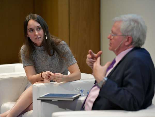 Enlarged view: Princeton physicist Sabrina Gonzalez Pasterski and Nobel Prize winner in physics and Vice Chancellor of Australian National University, Brian Schmidt.