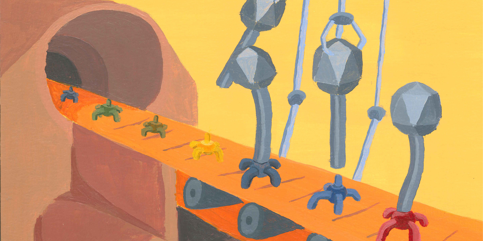 Artistic representation of the phage assembly line used as cover page for the latest edition of &quot;Cell Reports&quot;. (Illustration: Jonas Fernbach)