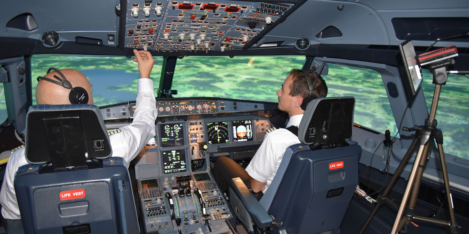 In the cockpit of an A320 flight simulator