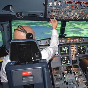 In the cockpit of an A320 flight simulator
