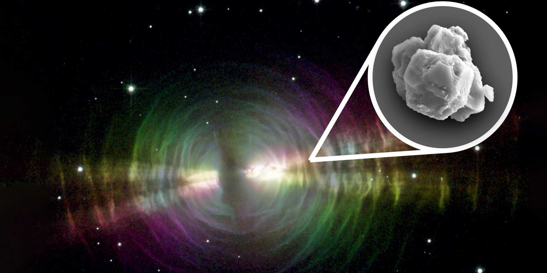 Dust ejected from stars such as the Egg Nebula could be the source of presolar silicon carbide grains (inset) found in meteorites. (Image: NASA, JPL, STSci / Inset: Janaína N. Ávila)