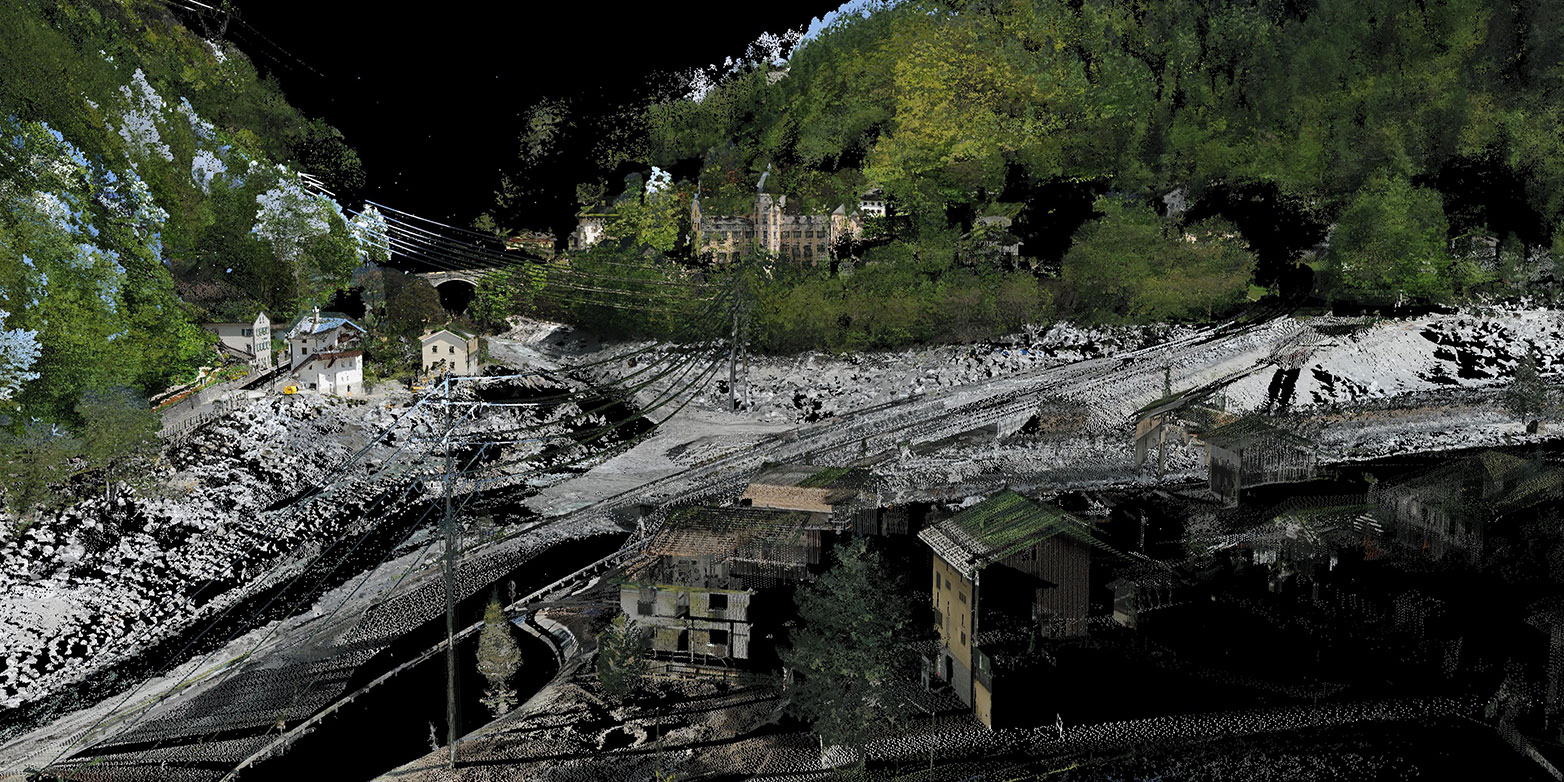 Enlarged view: To understand complex and dynamic landscapes, students work with innovative analysis and design methods. Modelling of the landscape after the landslide in the Swiss alpine village of Bondo using point clouds. (Image: Chair Christophe Girot)