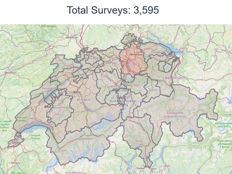 Enlarged view: ETH researchers are using a monitoring system to find out how coronavirus is spreading throughout Switzerland. So far, more than 3,500 respondents have taken part. (Visualisation: BMI /ETH Zürich)
