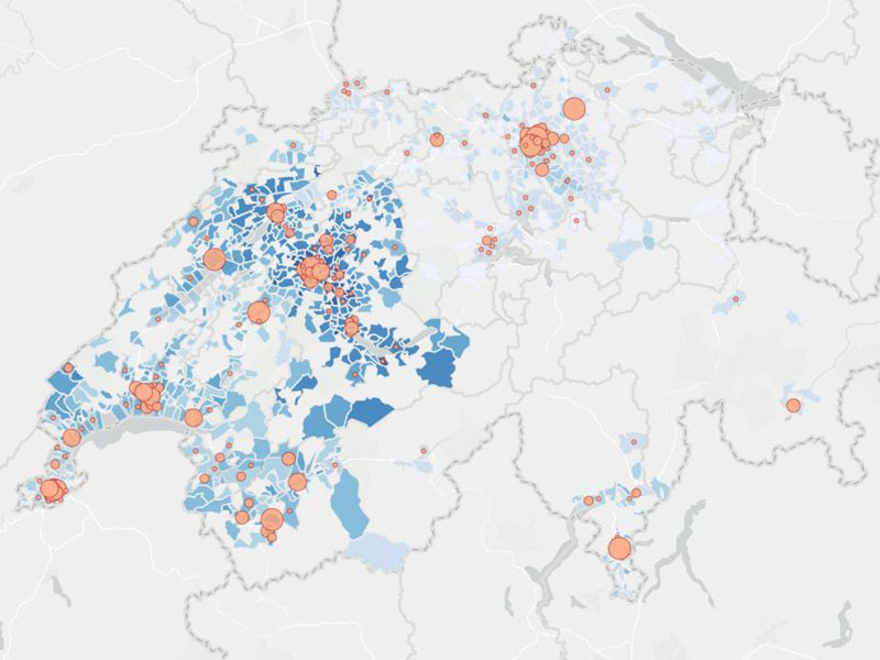 Enlarged view: A map shows where there are particularly high numbers of COVID-19 cases in Switzerland. (Visualisation: Covidtracker.ch) 