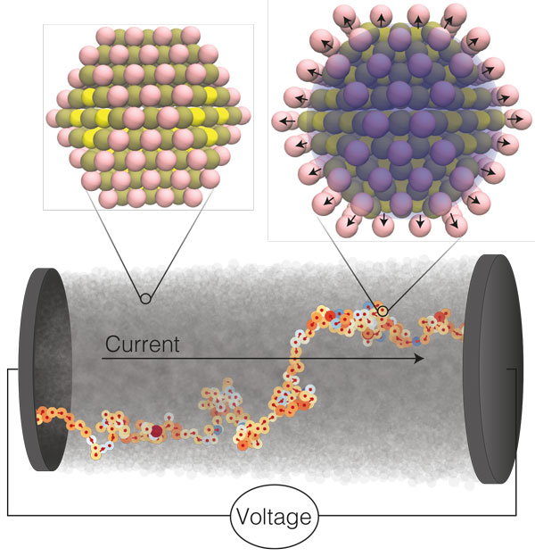 Enlarged view: In a nanocrystal semiconductor, electrical current is transmitted by electrons hopping from nanocrystal to nanocrystal. With each hop, the charge of the electron deforms the nanocrystal (top left), forming a polaron (top right).  In their model, the ETH researchers have described the interactions of each individual atom in the nanocrystal semiconductor.