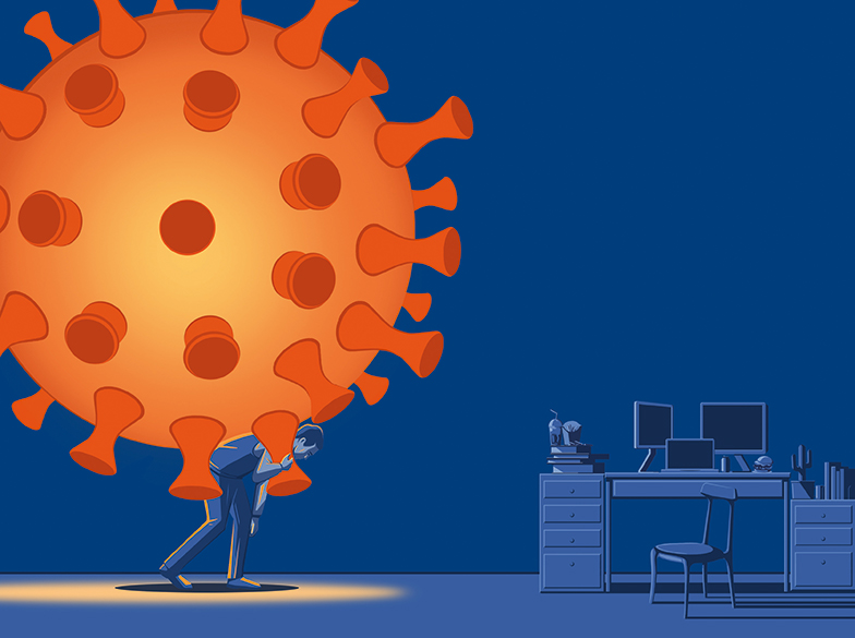Graphic with men who carries coronavirus on his back while walking to his office desk