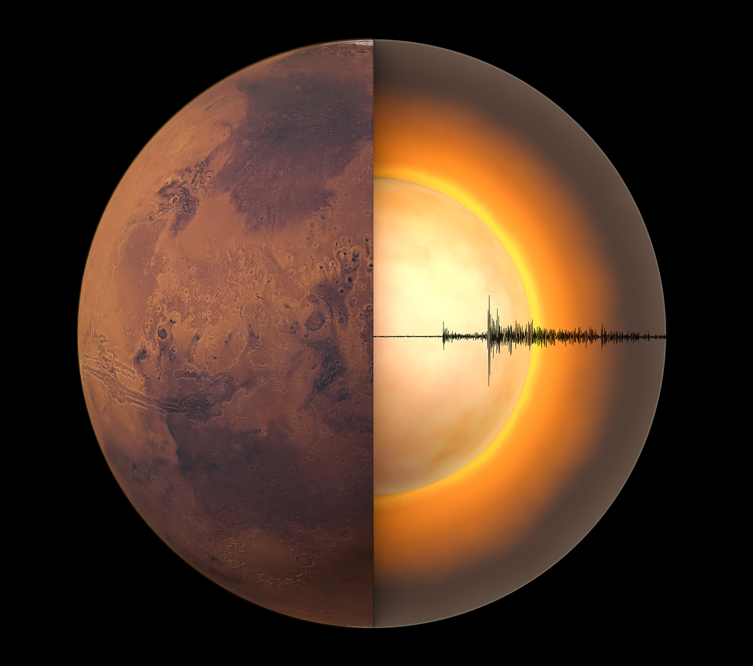 Using seismic data, researchers have now measured the red planet’s crust, mantle and core (Graphic: Chris Bickel/Science, Data: InSight Mars SEIS Data Service (2019). Reprinted with permission from AAAS)