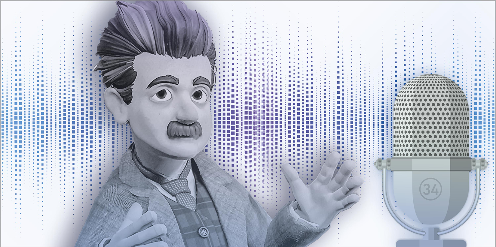 The character of digital Einstein in front of a ETH Podcast banner