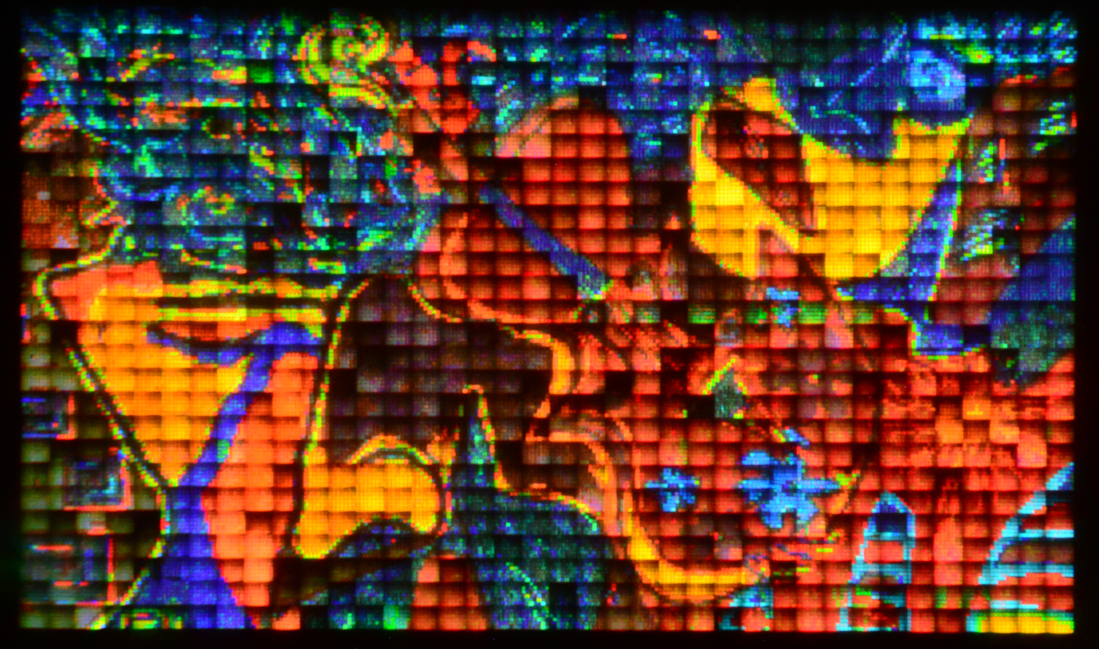 Colorful squares are arranged in an abstract pattern