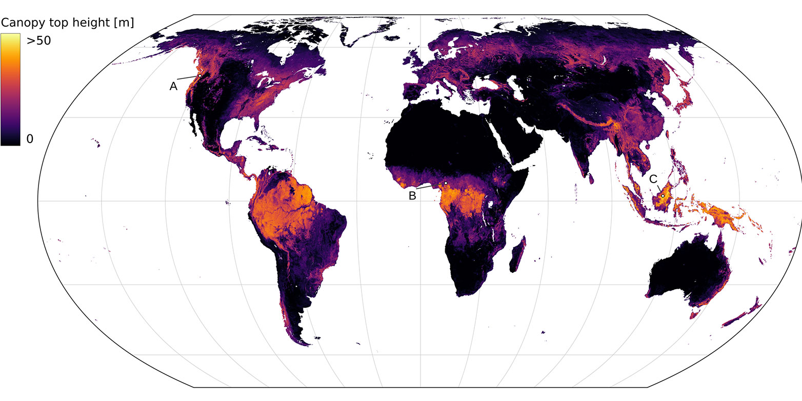 Global map with areas in different colours (black, purple, red, orange, yellow)