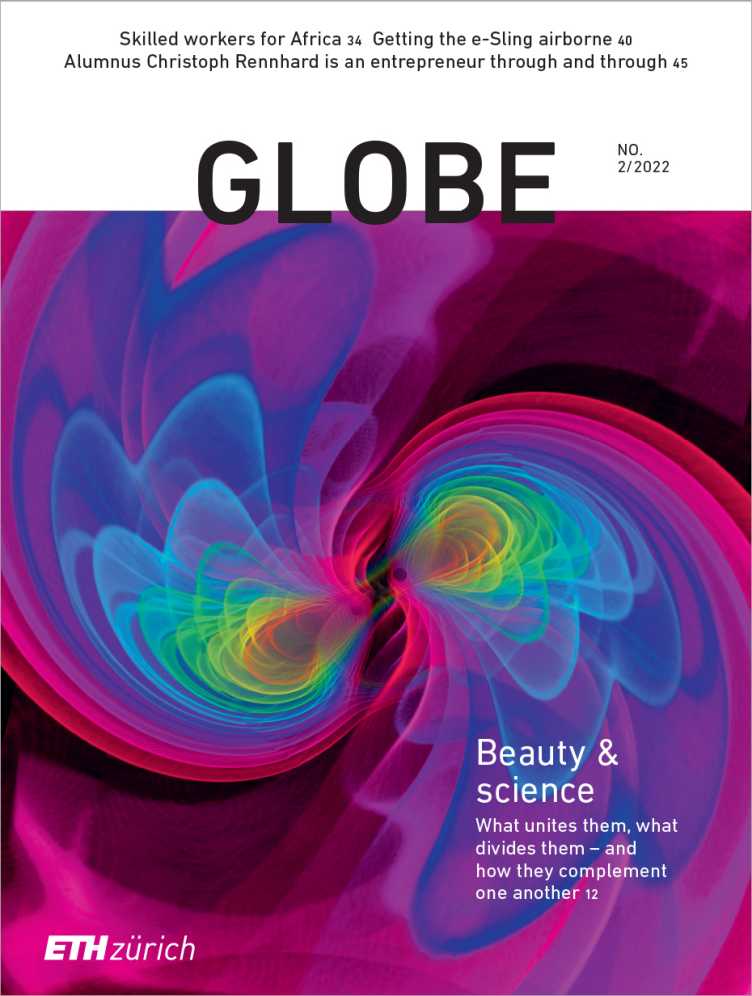 Globe 22/02 Titelblatt: bunte Simlation einer gemessenen Gravitationswelle
