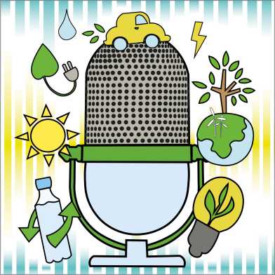 Graphic with microphone, globe and renewable energies