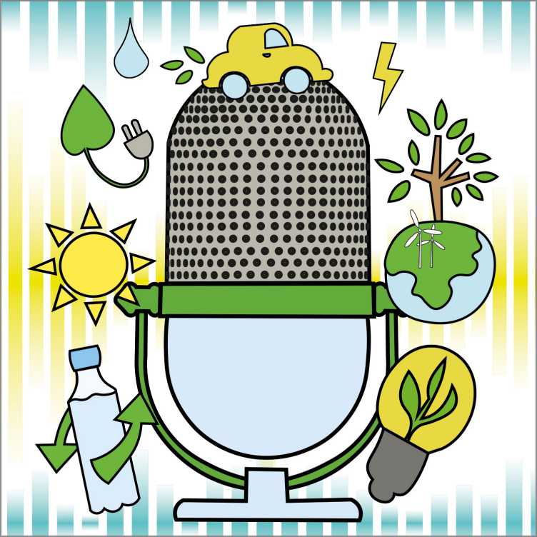 Grafik mit Mikrofon und erneuerbarer Energie-Symbolen