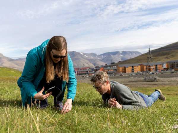 Enlarged view: Two researchers in a meadow examining flora, a settlement in the background