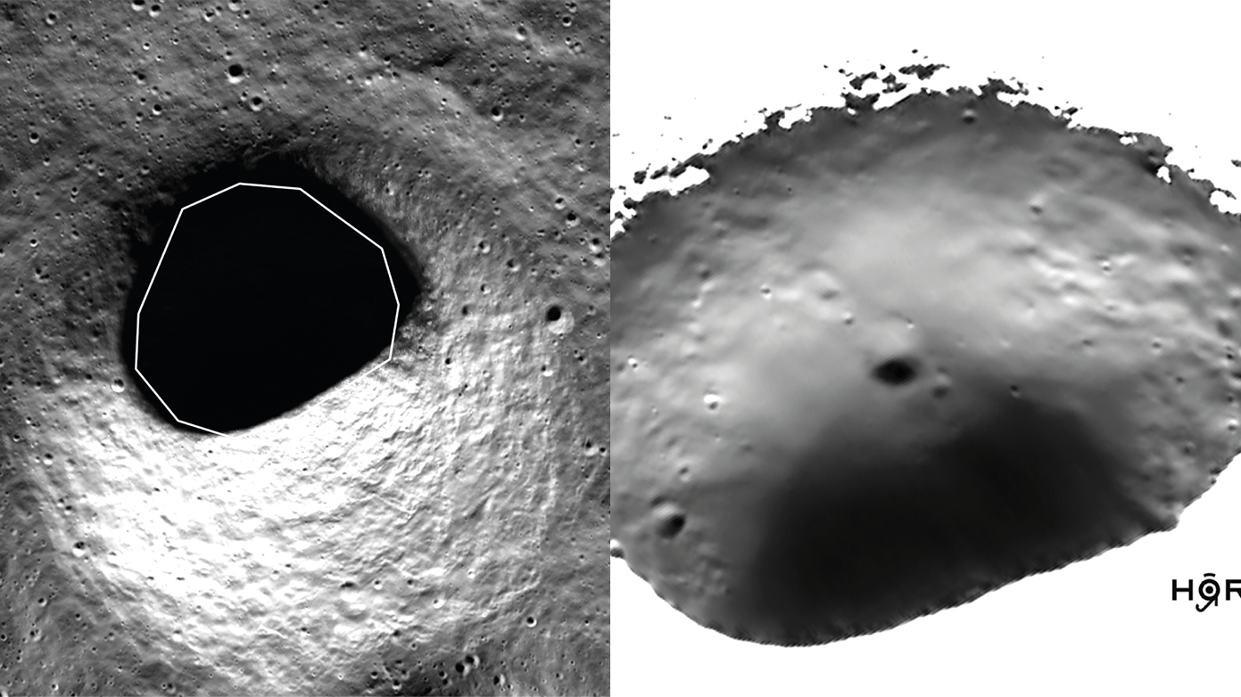 Image of a dark shadow compared to the detailed view with small impact craters, boulders and different ground patterns.