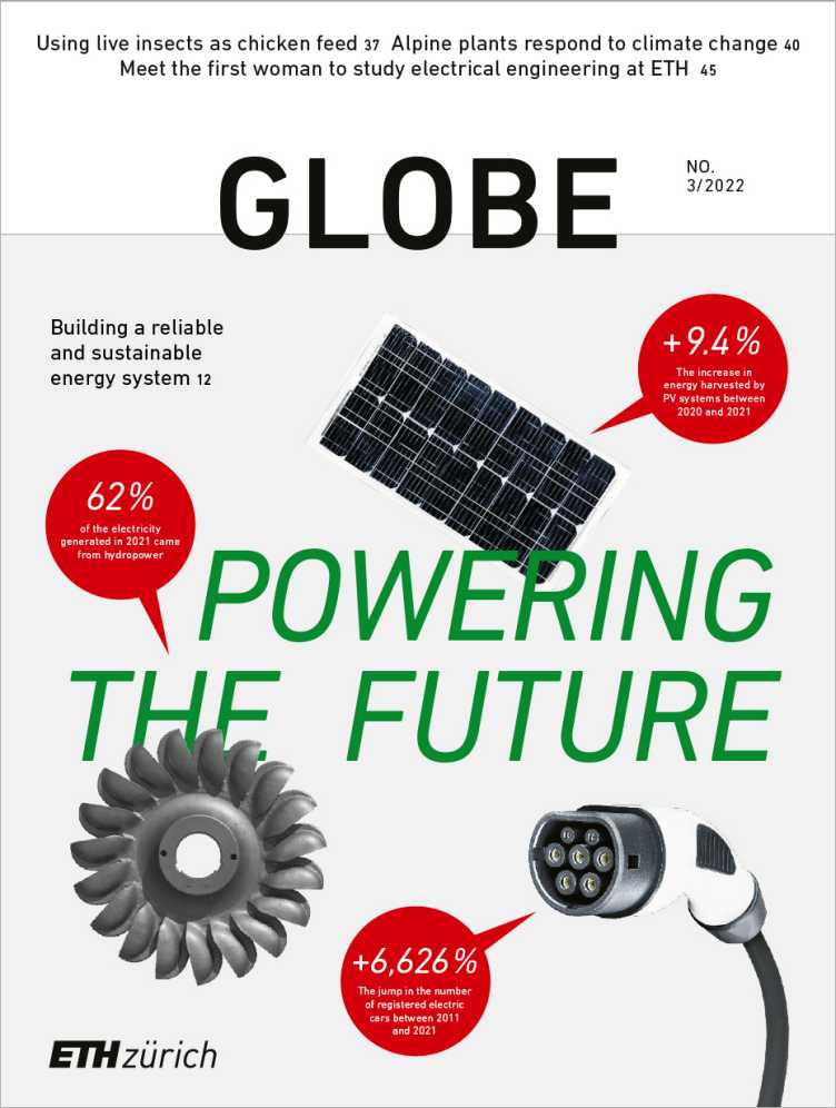 Globe 22/03 Titelblatt: solar cell, water turbine, charging cable for electric car