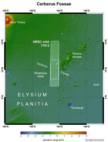 Greenish plan of the Cerberus Fossae. Link: original photograph