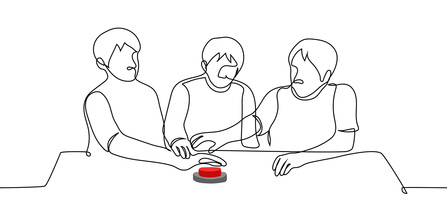 Illustration of three people at a table with red button on the table