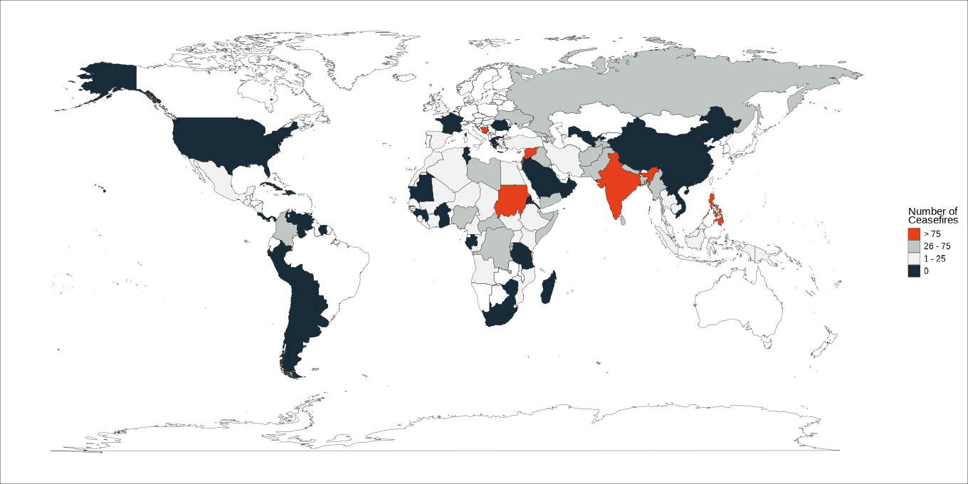 A colored world map: Those countries that have had more than 75 ceasefires are red, gray are those who had between 26 and 75 ceasefires, white stands for 1 to 25 ceasefires and black colored countries have none.